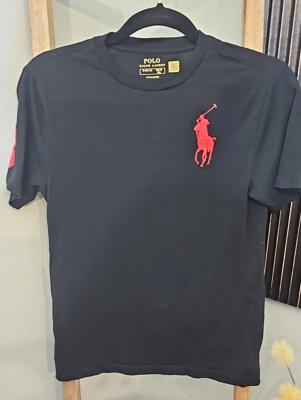 Ralph Lauren Black Tee with Red Big Polo Player and Sleeve Number
